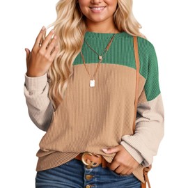 Plus Size Tops for Women Fall Casual Striped Ribbed Shirts Loose Fit Long Sleeve Pullover Green Orange XL