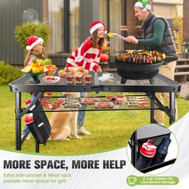 Upgraded Folding Grill Table, Metal Portable Grill Table for Camping, Small Outdoor Table For Grill,Height Adjustable Camping Grill Table with Mesh Bag,Lightweight Foldable Grill Table For Outside BBQ