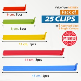 25 Pcs Food Bag Clips for Food Storage Bags. 5 Sizes & Colours - Very Useful for Keeping Food Fresh and Sealed. Convenient for Food and Sandwich Bags. (Pack of 25)