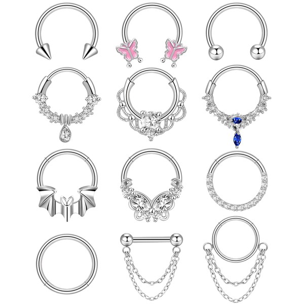 ONESING 12 Pcs Septum Rings 16G Septum Jewelry Surgical Steel Septum Piercing Jewelry CZ Butterfly Dangle Daith Cartilage Helix Horseshoe Nose Hoop Lip Rings Silver Septum Rings for Women