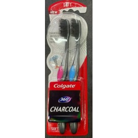 Colgate 360 2 Pack Charcoal Soft Bristles Toothbrush w/Tongue and Cheek Cleaner. - Blue/Pink