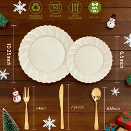 YOUBET 125PCS Scalloped Plastic Plates - Ivory Scalloped Disposable Plates - Gold Plastic Dinnerware Set Include 50 Plates, 75 Gold Silverware for Party & Wedding & Christmas