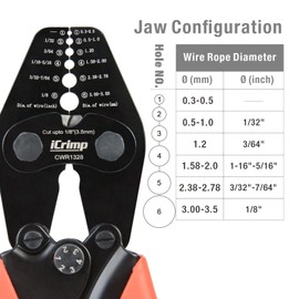 iCrimp CWR1328 Wire Rope Crimping Tool for 0.3mm-3.5mm Dia. Wire Rope with Cutting Function for Cable Railing, Hand Swaging Aluminum Oval Sleeves, Stop Sleeves