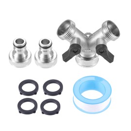 DRELD 2-Way Garden Hose Splitter Silver with On/Off Valves, 3/4 Inch 2-Way Y-Splitter Made of Brass with 2 x Tap Connector + 4 x Washer + 1 x Raw Strip, 2-Way Y-Splitter for Home and Garden