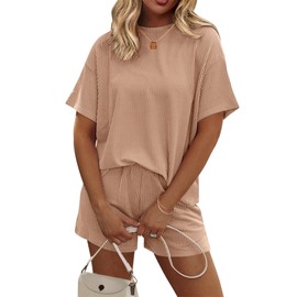 Ekouaer Womens Pajama Sets Short Sleeve Lounge Sets 2 Piece Pjs Tops & Shorts Outfits Matching Loungewear with Pockets Brown