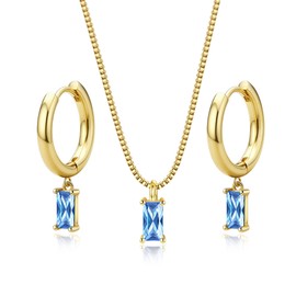 14K Gold Plated Birthstone Necklace for Women Non Tarnish - Trendy Hoop Earrings, Green Cubic Zirconia Pendant Necklace Jewelry Set Dainty Necklace Earrings Pack, Birthday Gift for Mom, Wife, Her Mar.