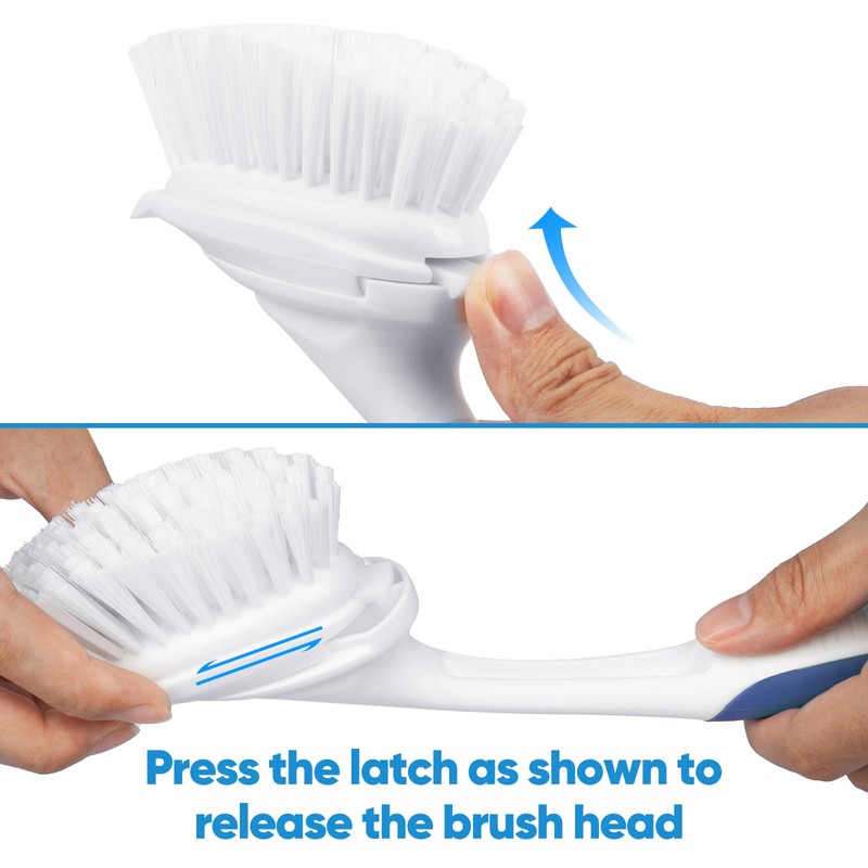 Dish Brush with Plastic Handle Built-in Scraper, Replaceable Brush Scrubbing