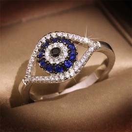 925 Sterling Silver Crystal Clear & Blue CZ's Evil Eye Rings for Women Cubic Zirconia Sapphire ring Female Ring with an Eye Jewelry Gifts ST.065 (10)