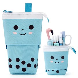 Cute Stuff for Teen Girls Cute Bags Standing Pencil Case Cute Telescopic Pen Holder Kawaii Stationery Pouch Makeup Cosmetics Bag for School Students Office Women (Blue)
