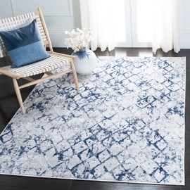 SAFAVIEH Amelia Collection Accent Rug - 4' x 6', Grey & Navy, Modern Trellis Distressed Design, Non-Shedding & Easy Care, Ideal for High Traffic Areas in Entryway, Living Room, Bedroom (ALA783H)