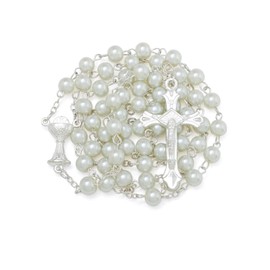KOMI 6 MM White Pearl Rosary Beads with Crucifix and Chalice Centerpieces Catholic Rosary Necklace for Women with Velvet Bag