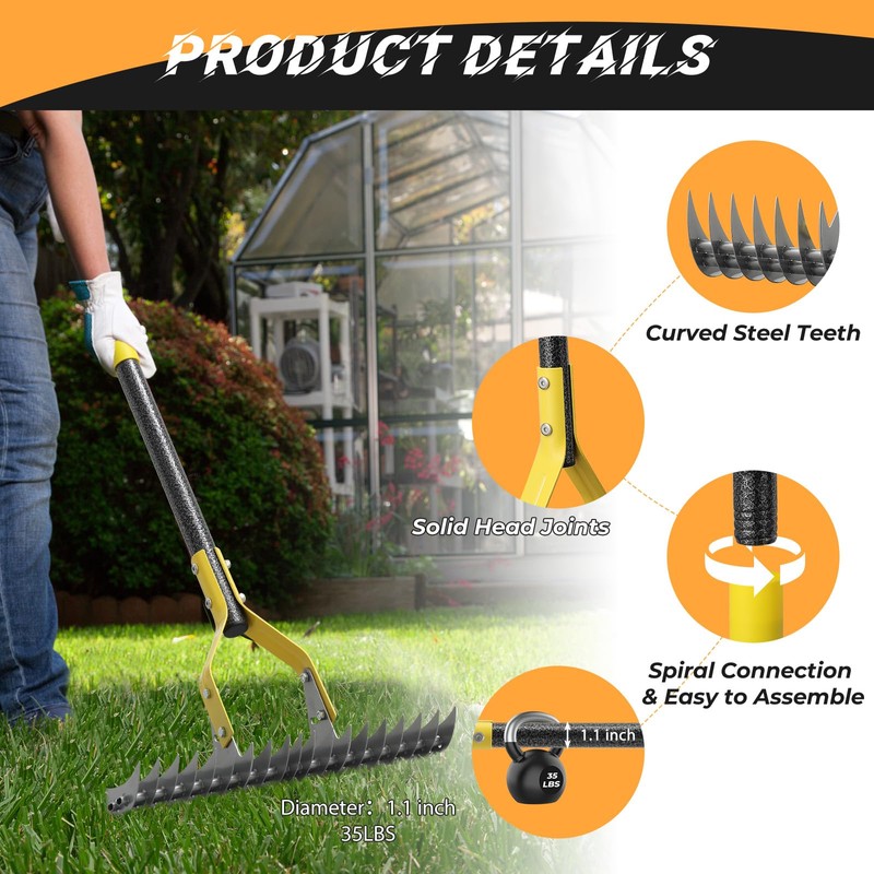 Thatch Rake, 19-Tine Lawn Leveling Dethatcher Rake with Long Adjustable