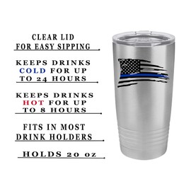 Rogue River Tactical Tattered Thin Blue Line Flag Police Officer 20 Oz. Travel Tumbler Mug Cup w/Lid Vacuum Insulated Law Enforcement PD Gift