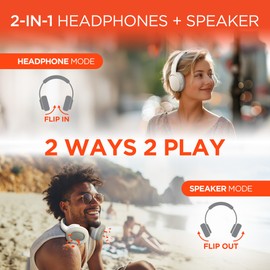 Collapsible Wireless Headphones + HD Stereo Speakers Flip The Ear Cups in for Music Solo Style, Flip The Ear Cups Out for Music in Full Stereo Detail (Whie)