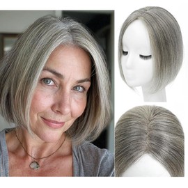 Lagomance Hair Toppers for Women Real Human Hair Toppers 100% Real Human Hairpieces for Women 10 inch Swiss Base Hairpieces for Thinning Hair（Mixed Light Grey）