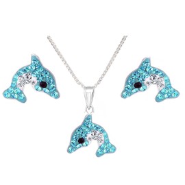 FIVE-D Children's Dolphin Pendant Necklace Set 925 Silver, Sterling Silver, Crystal