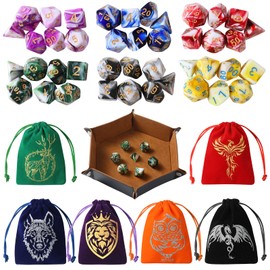 Grajar DND Dice Set, 42 Pcs Role Playing Dice Set with 6 Colorful Animal Pattern Dice Bag and PU Leather and Velvet dice Tray for Dungeons and Dragons D&D RPG MTG Table Games Mixed White