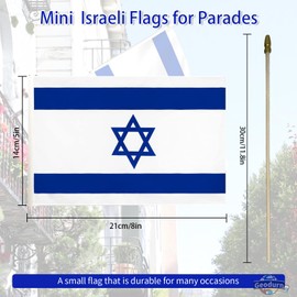 Pack of 20, Handheld Israeli Flags 5x8 Inch - Small Israel Flags on Wood Sticks with Gold Spear Top, Mini Israeli Flags for Parades, Yom Haatzmaut, Yom Yerushalayim, National Patriotic Events
