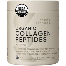 Sports Research® Organic Collagen Peptides - Hydrolyzed Type I & III Collagen Protein Powder Made Sustainably from Grass-Fed Cows - USDA Organic· Non-GMO · Gluten Free - Unflavored, 30 Servings