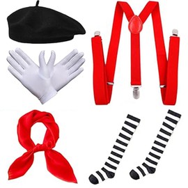 5 Pcs Mime Artist Costume Accessories Set Mime Costume French Artist Includes Beret Suspender Scarf White Gloves and Black Stripe Socks Women Adult Dress Up Cosplay Party