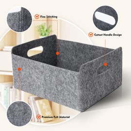 Cozary Pack of 2 Felt Basket Storage, Foldable, Felt Storage Box with Handle, Storage Basket Felt for Shelf, Wardrobe, Clothes, Towels, Accessories - 30 x 24 x 15 cm - Grey