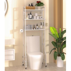 DTUQYX Over The Toilet Storage,3-Tier Over Toilet Organizer Rack with Paper Holder & 2 Hooks & Universal Wheel,Freestanding Over The Toilet Rack for Restroom,Laundry,White