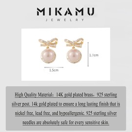 MIKAMU 14k Gold Ribbon Bow Stud Earrings for Women cubic zirconia Dainty Gold Plated Pearl Earring for Women Jewelry (gold-Pink pearl)