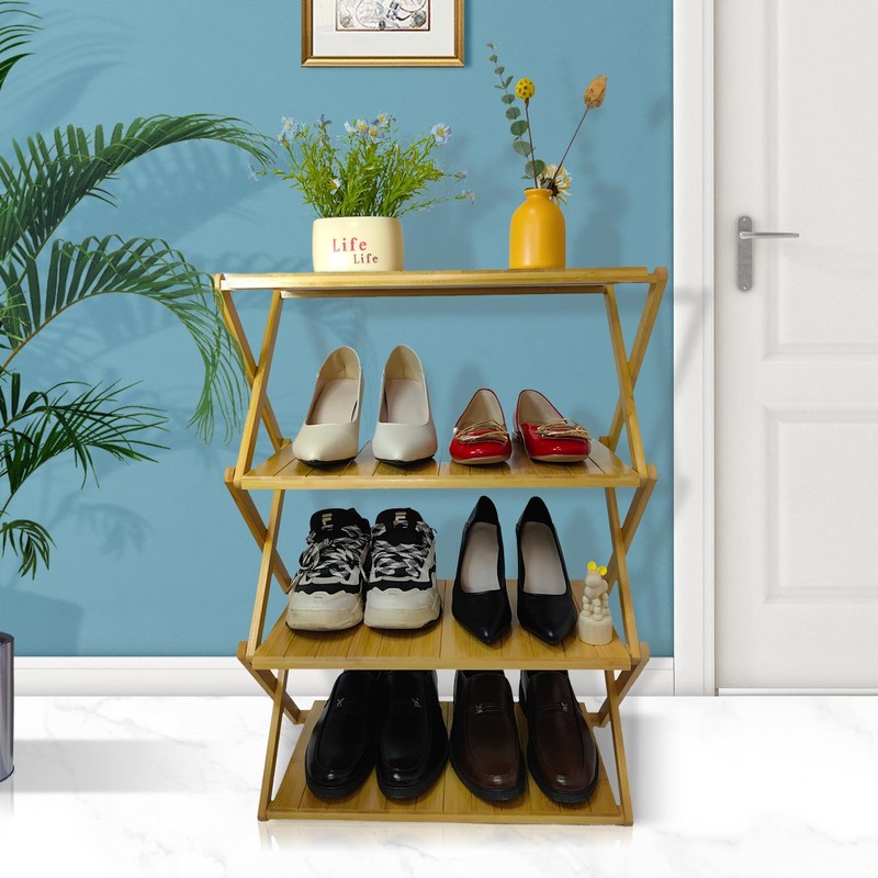 FEIXIDI Foldable Bamboo Shelf, Folding Shoe Rack, Flower Rack, Camping