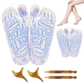 LxcshLjx 2Pairs Reflexology Socks with 4Pcs Trigger Point Massage Tool, Family Foot Acupoint Massage Map Socks, Massage Rod, Acupuncture Reflexology Toe Separate Socks Finger-Press Chart for Women Men