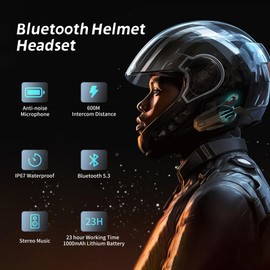 Motorcycle Bluetooth Headset Wireless Dirt Bike Helmet Headphone 2-Way 600M Intercom CVC Noise Cancellation Stereo HiFi Music IP67 Waterproof for Full Face Helmet with LED Tail Light 1Pack-Blue
