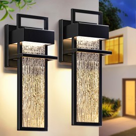 15'' Outdoor Wall Lights 2 Packs, Modern Porch Light 3000K Integrated LED Outdoor Sconce, Exterior Lighting Fixtures with Rippled Glass, Waterproof Outside Lights for House Garage Patio, Black