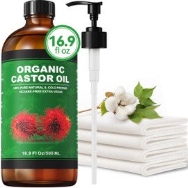 Taoscare 16.9 oz Castor Oil Organic Cold Pressed Unrefined Glass Bottle | 4 Pcs Castor Oil Pack Wrap Organic Cotton Reusable, Caster Oils Kit for Face, Hair, Eyelashes, Waist, Knee, Body