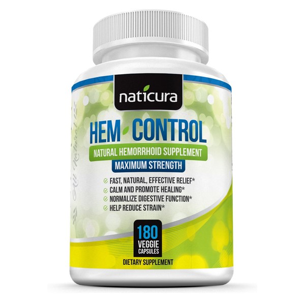 Naticura: Hem-Control Natural Hemorrhoid Supplement - Vegan Herbal Supplement with Psyllium Husks, Witch Hazel, and Ginger Root - 180 Count - Inflammation-Fighting Digestive Support