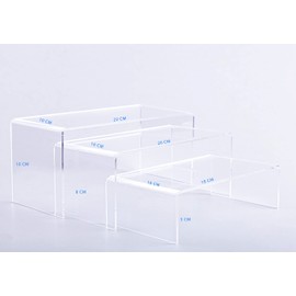 KIRRA Grapa elevador de acrilico 100% calidad, (juego de 3 soportes) RISERS, de 3 niveles para exhibición de productos de mesa elegante estante (TRANSPARENTE)