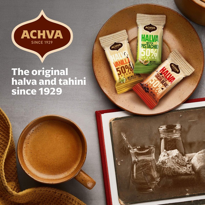Achva Kosher Vanilla, Cocoa Beans, and Pistachio Mini Halva Bars