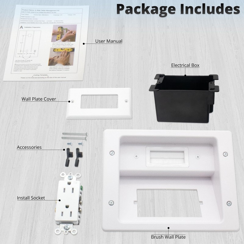 HXH In-Wall Cable Concealer Kit with Recessed Outlet Box, White