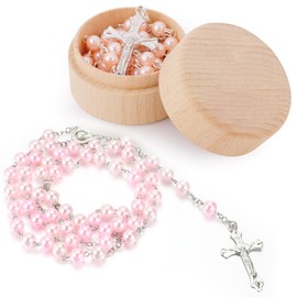 Omnikryp Rosary, My First Rosary and Keepsake Box, Pink Catholic Rosary with Cross, Pendant Baptism Chain Artificial Pearls, Rosary Beads for Godchild Gift for Christening Communion Birth