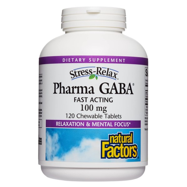 Stress-Relax Chewable Pharma GABA 100 mg by Natural Factors, Non-Drowsy Stress Support for Relaxation and Mental Focus, Tropical Fruit Flavor, 120 Tablets