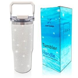 30oz Bling Rhinestone Studded Tumbler with Top Handle and Leakproof Lid Vacuum Insulated Stainless Steel Glitter Crystal Water Bottle with Flip Straw Reusable Cup Outdoors Travel Mugs (Milky)