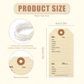 Gosknor 60pcs Repair Tags with Strings, 4.7x2.4 Inch Paper Tags Manila Repair Labels for Sold Coat Check Service Equipment Maintenance Inventory Labeling Crafts