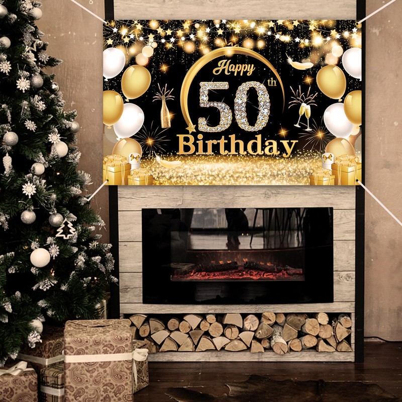 ZAHRVIA 50th Birthday Banner Black Gold, 50th Birthday Party Decorations,