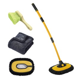 Car Wash Mop with Long Handle 15° Curved Extension Microfiber Scratch-Free Car Wash Brush with 1300GSM Thickened Drying Towel & Soft Bristle Tire Brush Complete Car Wash Kit (Yellow & Black)