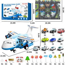 BLmukce Airplane Toy with Race Track & Map, Airplane Toys 4 Cars for Toddlers 3-5 1-3 2-4 3-5, Boys Girls Airport Playset, Educational Birthday Gifts for Kids Age 4-8 (Red)