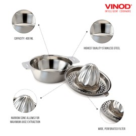 Vinod Exprimidor de cítricos para naranja, limón, pomelo, lima, acero inoxidable, jugo de prensado a mano, máquina manual simple con colador y boquilla de fácil vertido, prensa de rotación exprimidora de mano, fácil de usar, almacenar y limpiar, apto par