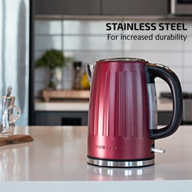 OVENTE Stainless Steel Electric Kettle Hot Water Boiler 1.7 Liters - Powerful 1750W BPA Free w/Auto Shut Off & Boil Dry Protection, Portable Instant Hot Water Pot for Coffee & Tea - Maroon KS711M