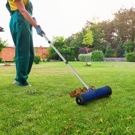 JouZYA Lawn Thatch Rake, 15-Inch Steel Dethatching Tool, Adjustable 0-15° Angle and 38-68 Inch Length, Heavy-Duty Yard Rake for Dead Grass Removal and Lawn Care (Blue)
