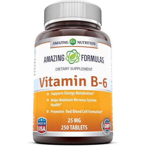 Amazing Nutrition Vitamin B6 Dietary Supplement – 25 mg, 250 Tablets (Non-GMO,Gluten Free) – Supports Healthy Nervous System, Metabolism & Cell Health
