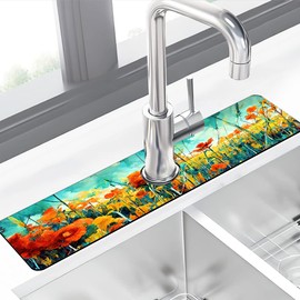 Sink Faucet Absorbing Mat Floral Abstract Oil Painting Sink Splash Guard Faucet Mat Draining Mat Fast Drying Sink Protectors for Kitchen and Bathroom 5.5”×24”
