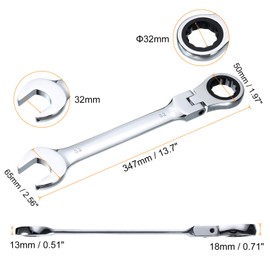 HARFINGTON Flex-Head Ratcheting Wrench 32mm 180° Rotating Head Metric Ratchet Combination Wrenches 72-Teeth Chrome Vanadium Steel Open End Ratchet for Fasteners Nut Bolt
