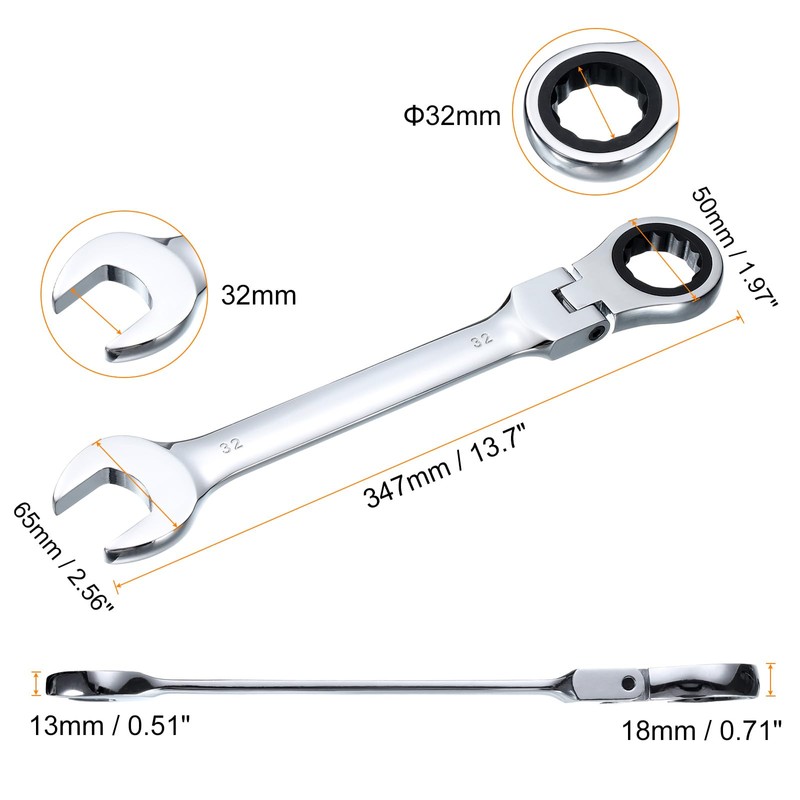 HARFINGTON Flex-Head Ratcheting Wrench 32mm 180° Rotating Head Metric Ratchet
